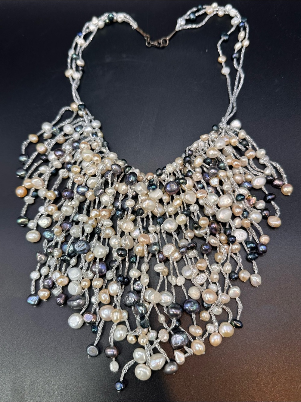 Sterling Silver Waterfall Freshwater Pearl Necklace 17.5” Multi-Color Fringe Bib